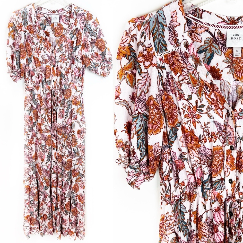 Knox Rose Boho Floral Maxi Dress Hippie Tie Waist Shirt Dress Tiered Cottagecore
